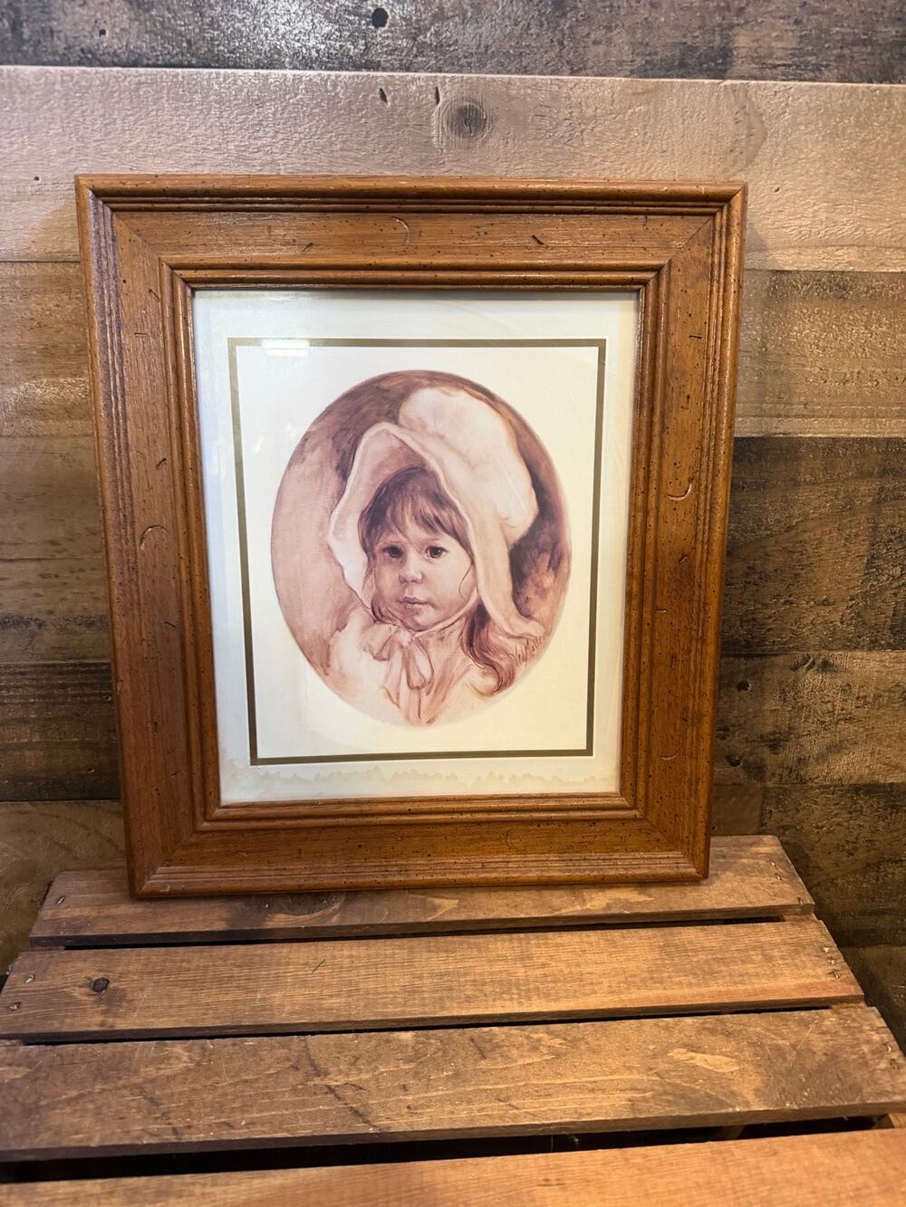 Jo Hiller Vintage Framed Art Print-Little Girl Bonnet-Sepia Tone Wood Frame13x15